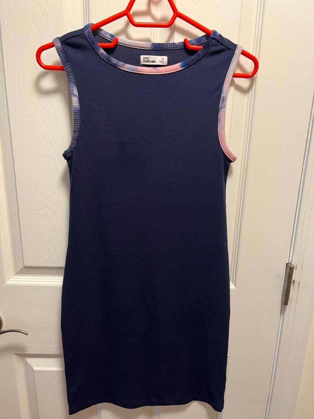 Epic Threads Navy Ribbed Sleeveless Mini Dress with Pastel Pink & Blue Trim Girl